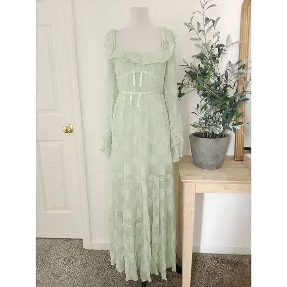 Free People Yara Maxi Dress Women's Size Small Mint Green Puff Sleeve Tiered - Picture 5 of 9
